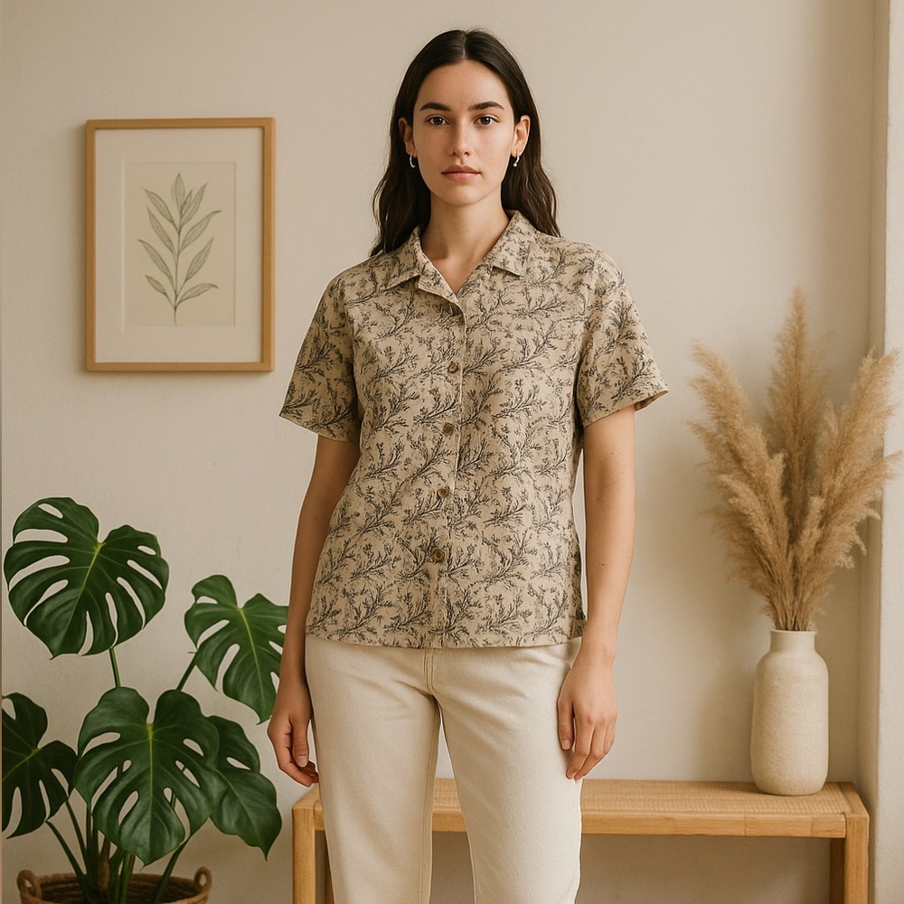 Jennifer Moore L cotton button up foliage print shirt beige black